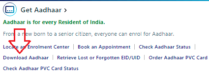Uidai वेबसाइट के होम पेज पर 'Get Aadhar' केटेगरी में 'Download Aadhar' विकल्प पर क्लिक ऐसे करें